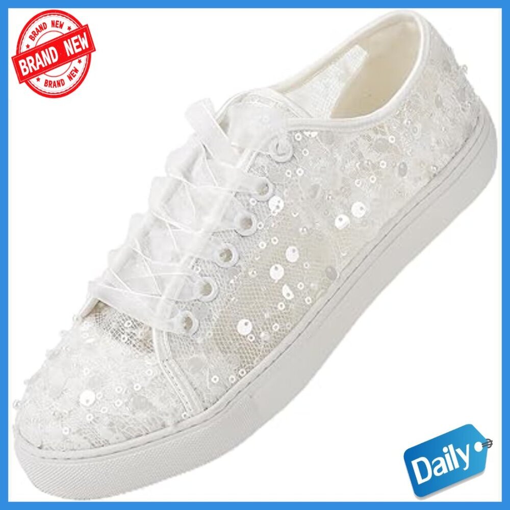Lace Sequin Bridal Sneakers Flat Comfort Wedding Shoes Breathable Casual